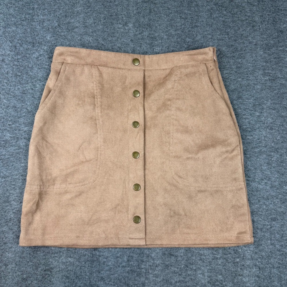 Fashion on Earth Faux Suede Mini Skirt Women Size M Brown Button Front A-Line